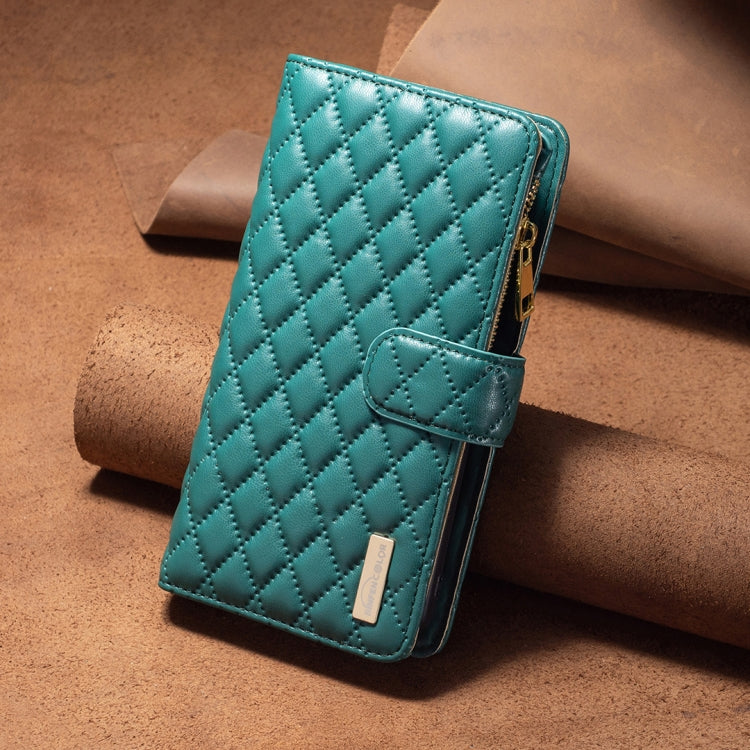 For iPhone 16 Pro Max Diamond Lattice Zipper Wallet Leather Flip Phone Case(Green)