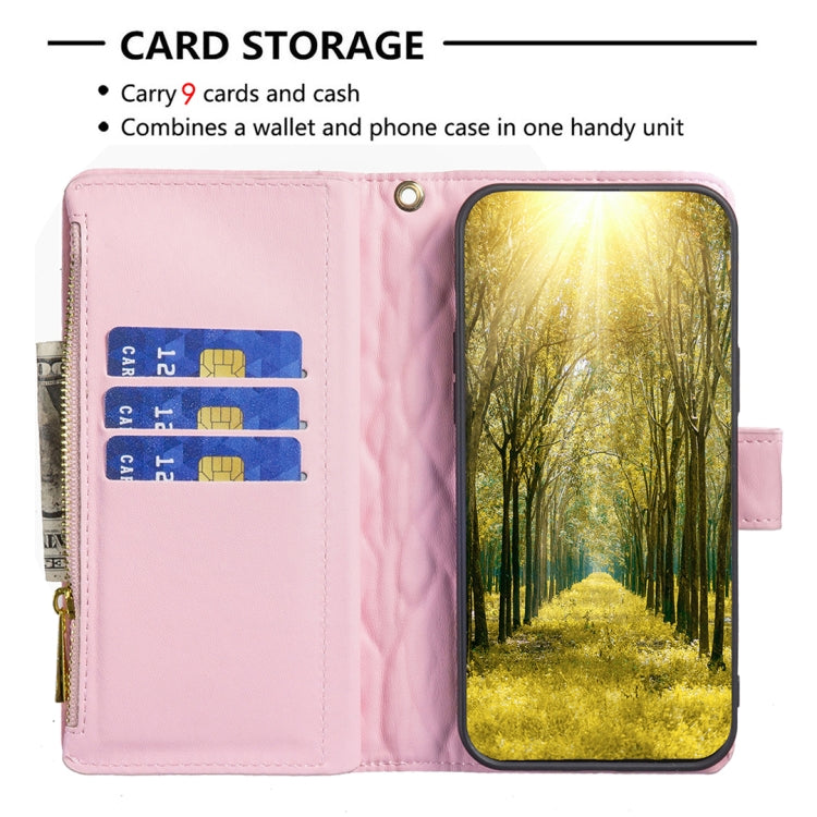 For iPhone 16 Pro Max Diamond Lattice Zipper Wallet Leather Flip Phone Case(Pink)