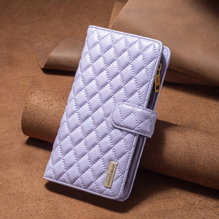 For iPhone 16 Pro Max Diamond Lattice Zipper Wallet Leather Flip Phone Case(Purple)