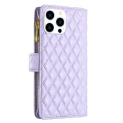 For iPhone 16 Pro Max Diamond Lattice Zipper Wallet Leather Flip Phone Case(Purple)
