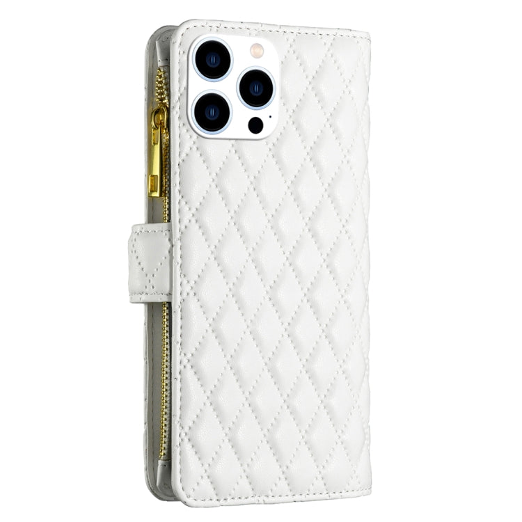 For iPhone 16 Pro Diamond Lattice Zipper Wallet Leather Flip Phone Case(White)