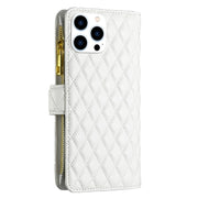 For iPhone 16 Pro Diamond Lattice Zipper Wallet Leather Flip Phone Case(White)