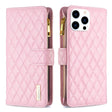 For iPhone 16 Pro Diamond Lattice Zipper Wallet Leather Flip Phone Case(Pink) - free shipping - PMC TechLife - Order now!
