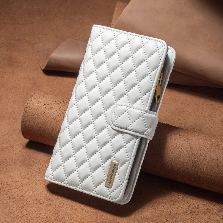 For iPhone 16 Diamond Lattice Zipper Wallet Leather Flip Phone Case(White)