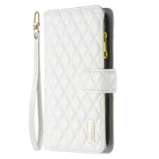 For iPhone 16 Diamond Lattice Zipper Wallet Leather Flip Phone Case(White)