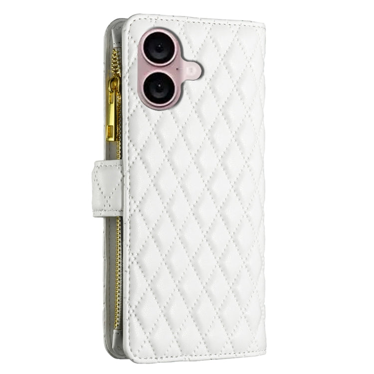 For iPhone 16 Diamond Lattice Zipper Wallet Leather Flip Phone Case(White)