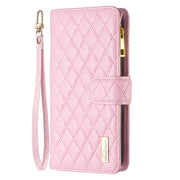 For iPhone 16 Diamond Lattice Zipper Wallet Leather Flip Phone Case(Pink)