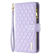 For iPhone 16 Diamond Lattice Zipper Wallet Leather Flip Phone Case(Purple)