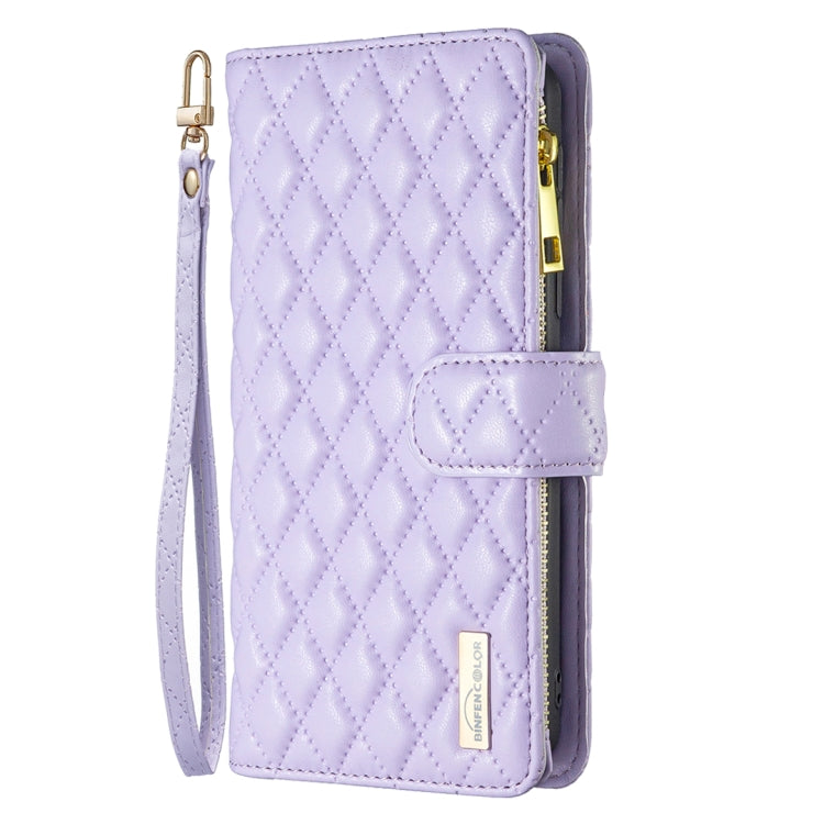 For iPhone 16 Diamond Lattice Zipper Wallet Leather Flip Phone Case(Purple)