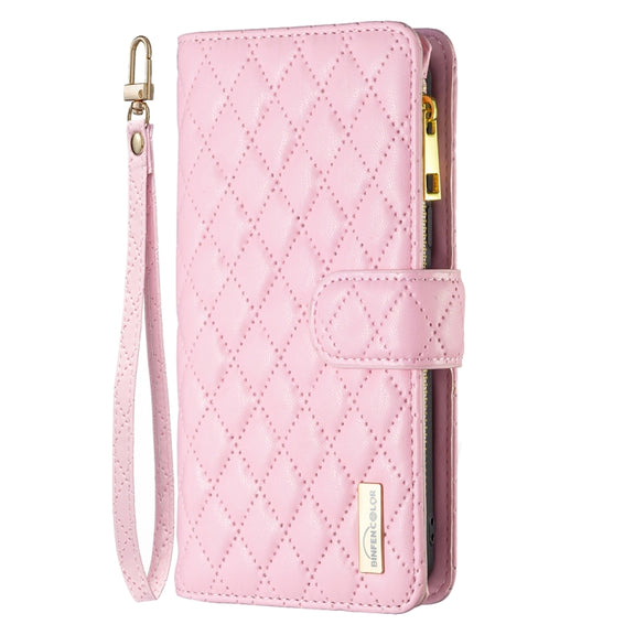For iPhone 16 Plus Diamond Lattice Zipper Wallet Leather Flip Phone Case(Pink)