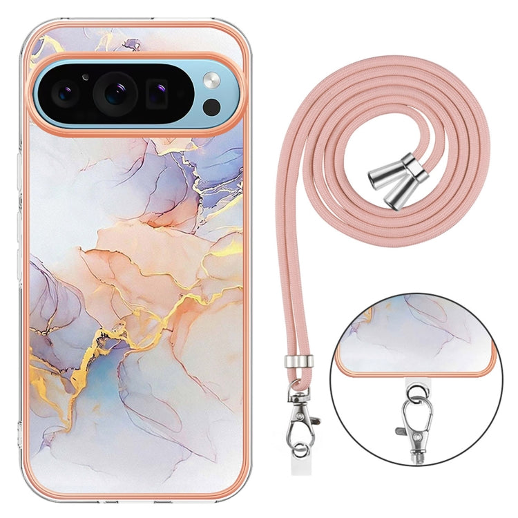 For Google Pixel 9 / 9 Pro Electroplating IMD TPU Phone Case with Lanyard(White Marble)