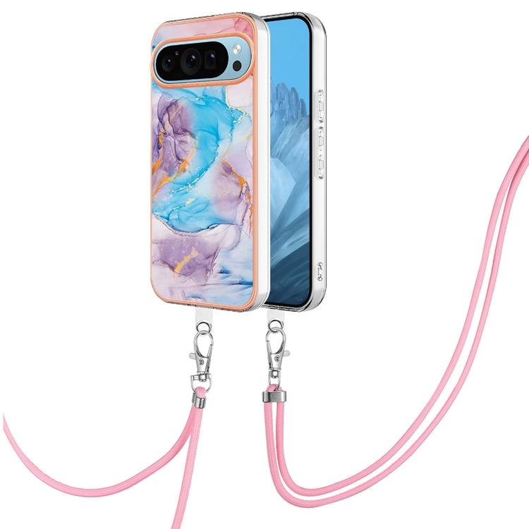 For Google Pixel 9 / 9 Pro Electroplating IMD TPU Phone Case with Lanyard(Blue Marble)