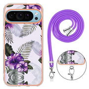 For Google Pixel 9 / 9 Pro Electroplating IMD TPU Phone Case with Lanyard(Purple Flower)