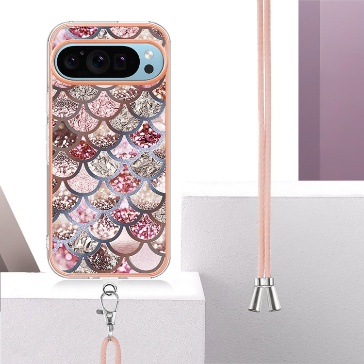For Google Pixel 9 Pro XL Electroplating IMD TPU Phone Case with Lanyard(Pink Scales)