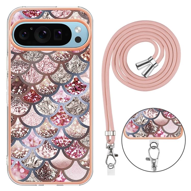 For Google Pixel 9 Pro XL Electroplating IMD TPU Phone Case with Lanyard(Pink Scales)