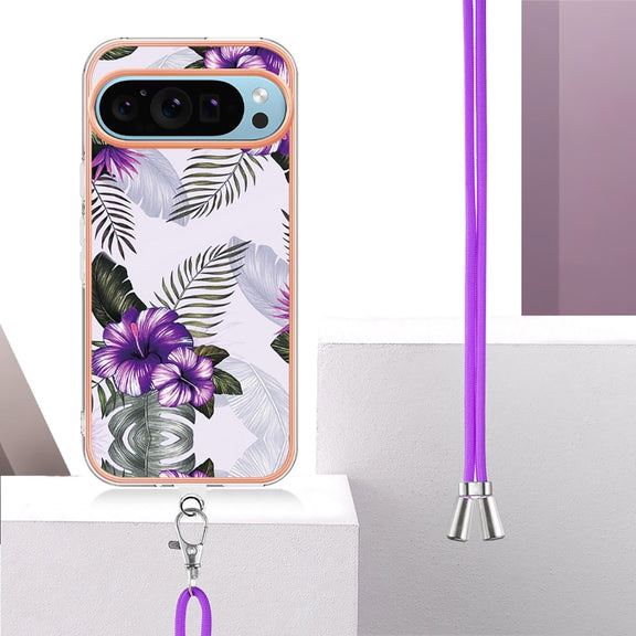 For Google Pixel 9 Pro XL Electroplating IMD TPU Phone Case with Lanyard(Purple Flower)