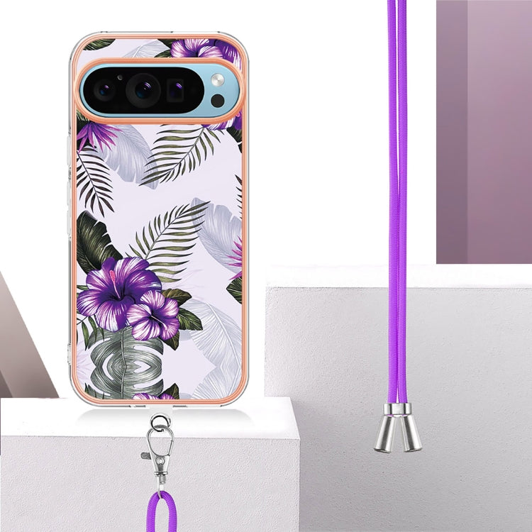 For Google Pixel 9 Pro XL Electroplating IMD TPU Phone Case with Lanyard(Purple Flower)