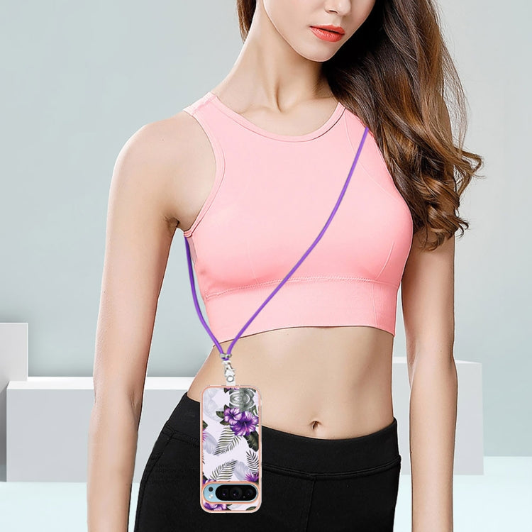 For Google Pixel 9 Pro XL Electroplating IMD TPU Phone Case with Lanyard(Purple Flower)