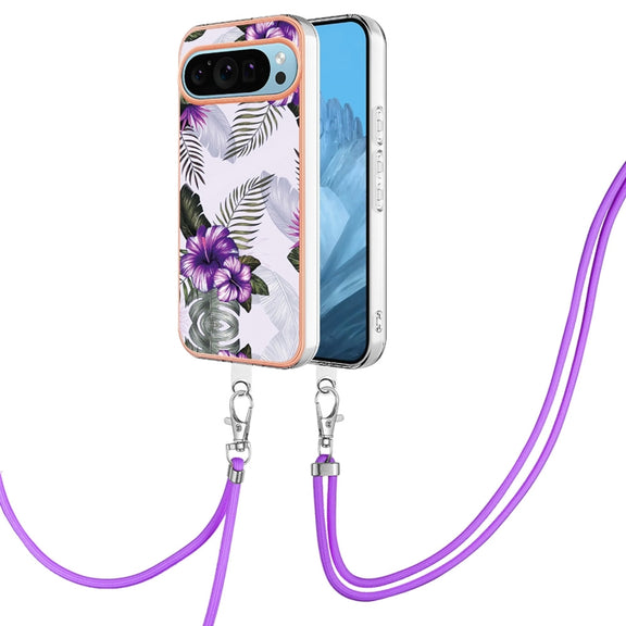 For Google Pixel 9 Pro XL Electroplating IMD TPU Phone Case with Lanyard(Purple Flower)