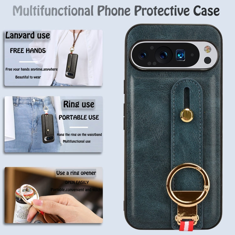 For Google Pixel 9 Pro Wristband Leather Back Phone Case(Blue)
