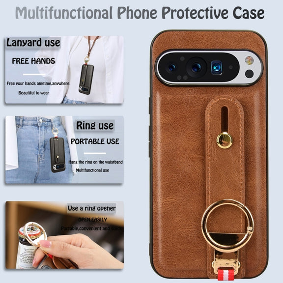 For Google Pixel 9 Pro Wristband Leather Back Phone Case(Brown)