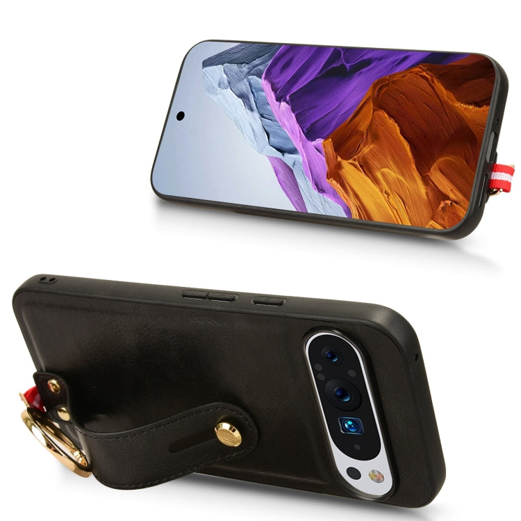 For Google Pixel 9 Wristband Leather Back Phone Case(Black)