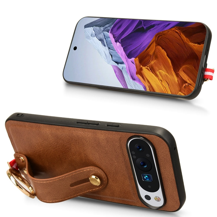 For Google Pixel 9 Wristband Leather Back Phone Case(Brown)