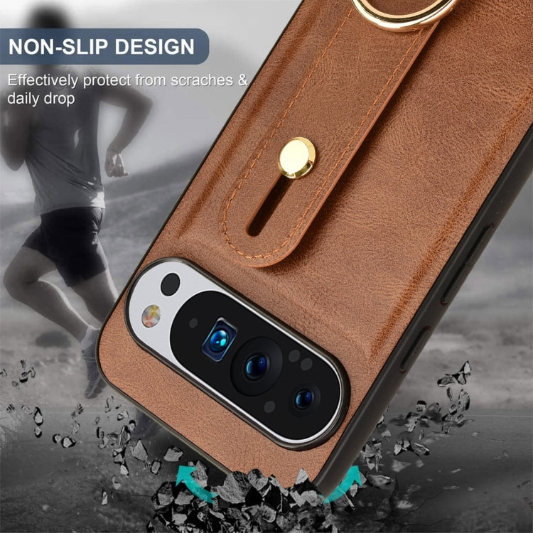 For Google Pixel 9 Wristband Leather Back Phone Case(Brown)