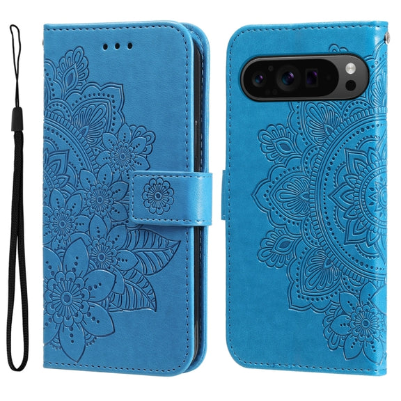 For Google Pixel 9 Pro 7-petal Flowers Embossing Leather Phone Case(Blue)