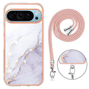 For Google Pixel 9 / 9 Pro Electroplating Marble Dual-side IMD Phone Case with Lanyard(White 006)