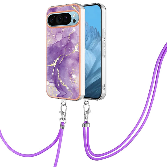 For Google Pixel 9 Pro XL Electroplating Marble Dual-side IMD Phone Case with Lanyard(Purple 002)