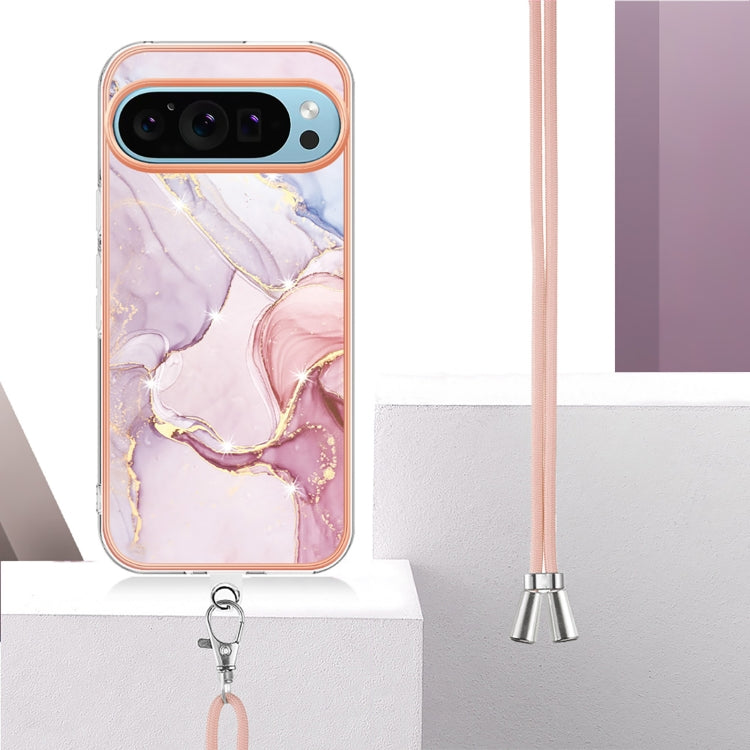For Google Pixel 9 Pro XL Electroplating Marble Dual-side IMD Phone Case with Lanyard(Rose Gold 005)