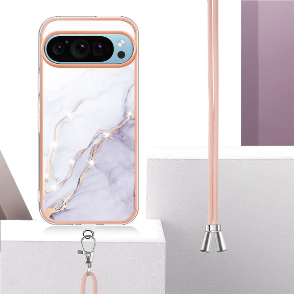 For Google Pixel 9 Pro XL Electroplating Marble Dual-side IMD Phone Case with Lanyard(White 006)