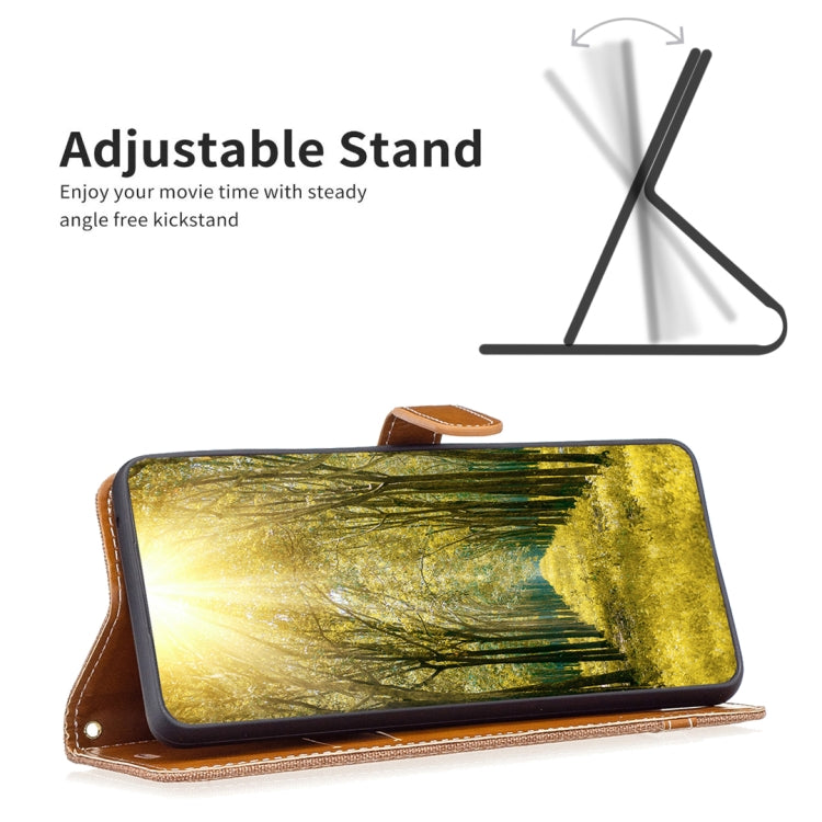 For iPhone 16 Pro Max Color Block Denim Texture Leather Phone Case(Brown)