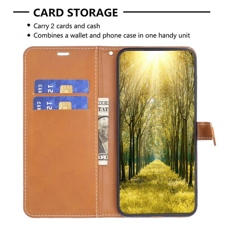 For iPhone 16 Pro Max Color Block Denim Texture Leather Phone Case(Brown)