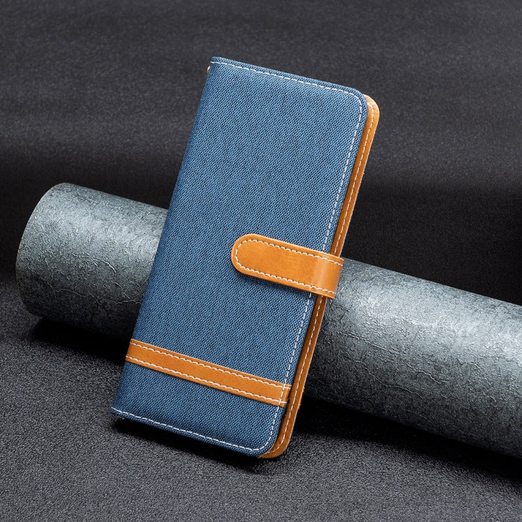For iPhone 16 Pro Color Block Denim Texture Leather Phone Case(Dark Blue)