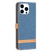 For iPhone 16 Pro Color Block Denim Texture Leather Phone Case(Dark Blue)