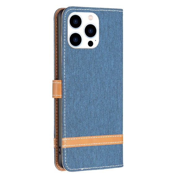 For iPhone 16 Pro Color Block Denim Texture Leather Phone Case(Dark Blue)