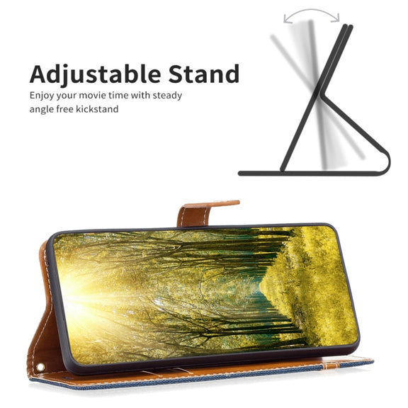 For iPhone 16 Pro Color Block Denim Texture Leather Phone Case(Dark Blue)