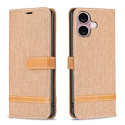 For iPhone 16 Color Block Denim Texture Leather Phone Case(Brown)