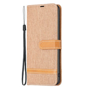 For iPhone 16 Color Block Denim Texture Leather Phone Case(Brown)