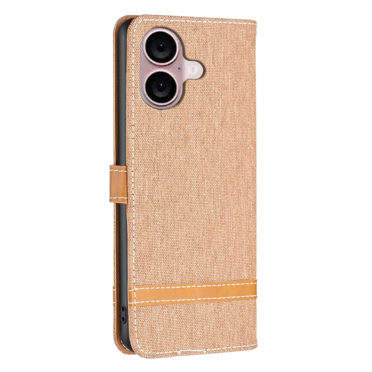 For iPhone 16 Color Block Denim Texture Leather Phone Case(Brown)