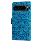 For Google Pixel 9 Pro Embossed Sunflower Leather Phone Case(Blue)