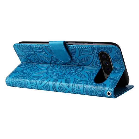 For Google Pixel 9 Pro Embossed Sunflower Leather Phone Case(Blue)
