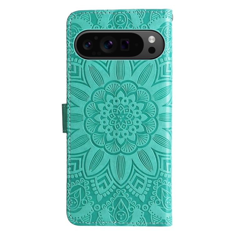 For Google Pixel 9 Pro Embossed Sunflower Leather Phone Case(Green)