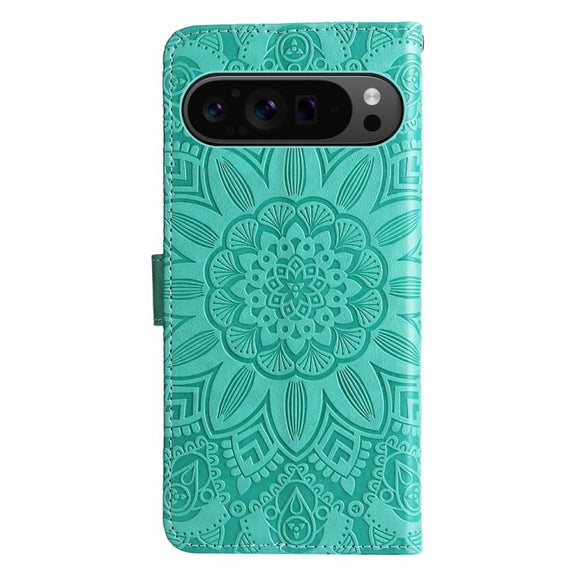 For Google Pixel 9 Pro Embossed Sunflower Leather Phone Case(Green)