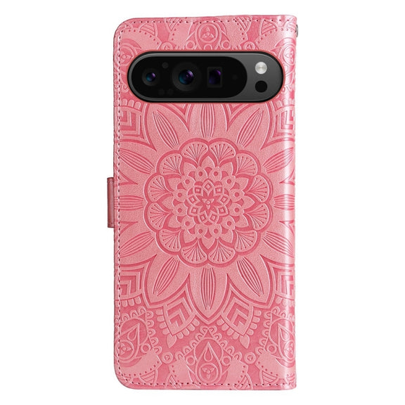 For Google Pixel 9 Pro Embossed Sunflower Leather Phone Case(Rose Gold)