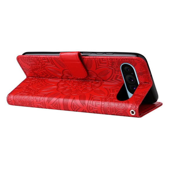 For Google Pixel 9 Embossed Sunflower Leather Phone Case(Red)