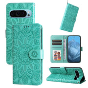 For Google Pixel 9 Embossed Sunflower Leather Phone Case(Green)