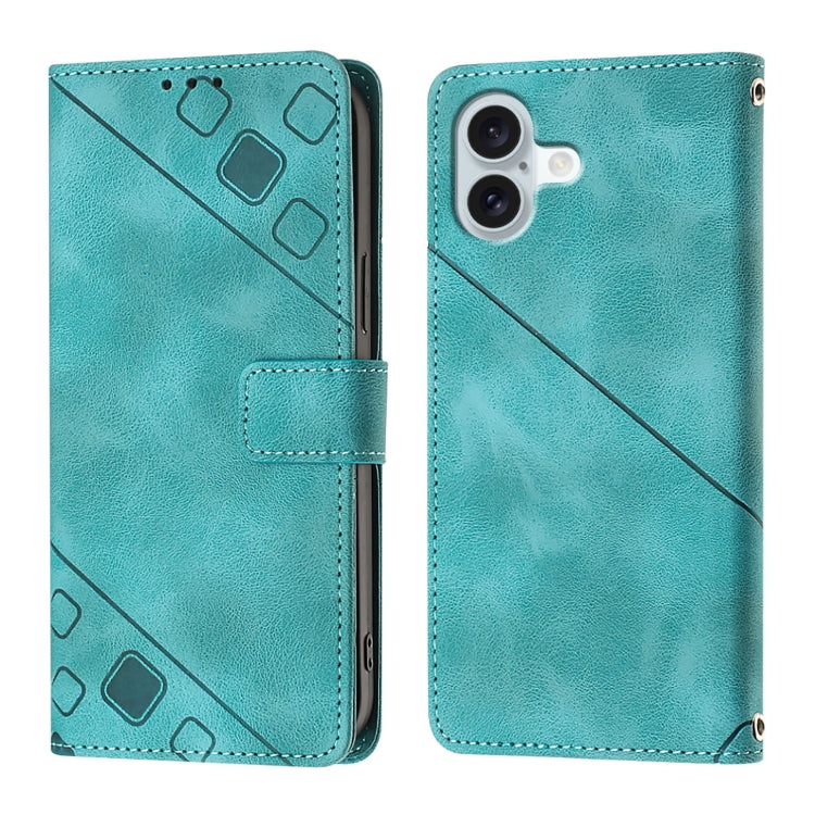 For iPhone 16 Plus Skin-feel Embossed Leather Phone Case(Green)